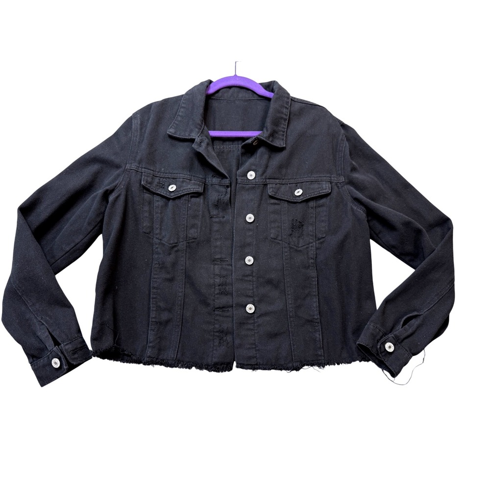 Luvamia Denim Jacket Womens Large Black Excellent Distressed Raw Hem LC851373